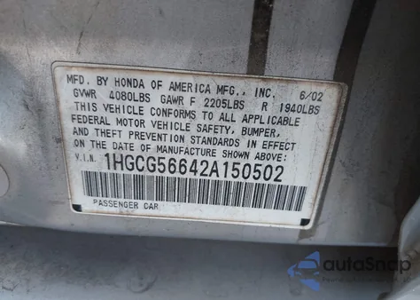 2002 Honda Accord Sdn Ex/Ex W/Leather из США, поврежденный, VIN 1HGCG56642A150502